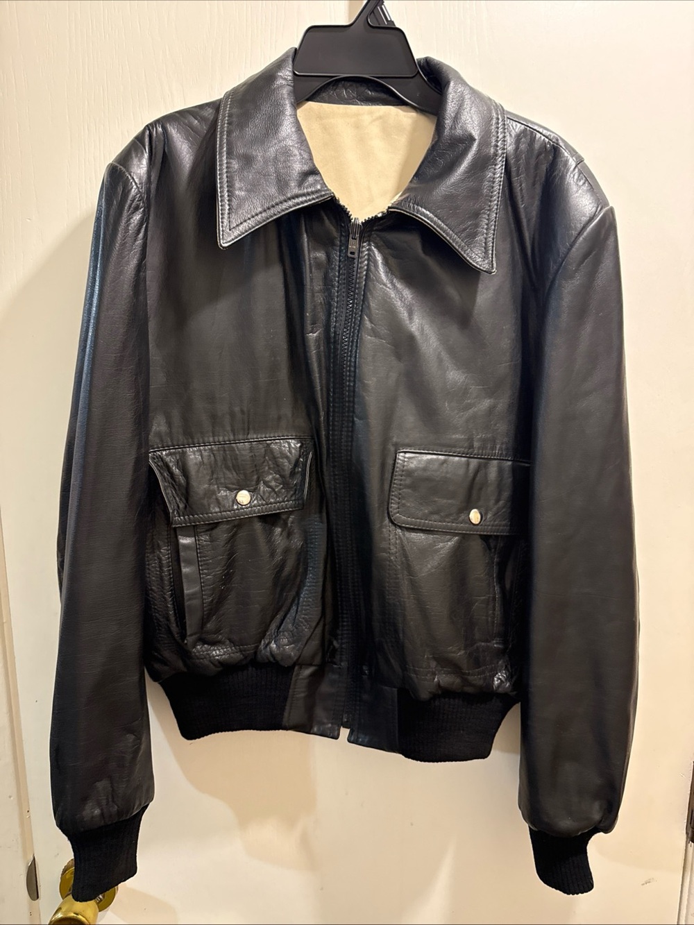 Vintage Men's Black sofLeather Bomber Jacket  reversible with Snap-Pocket Detail